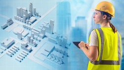 architect is working. Architect woman holding tablet. Girl planner near layout of city. Girl engineer in yellow uniform. Professional engineer with his back to camera. Volumetric city map.
