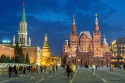 Moscow Red Square. Russia night. People on red square. Moscow Kremlin. People near Moscow Kremlin. Red Square with blurred faces. Travel to capital of Russia. Tourism in Russian Federation.