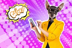 Dog clicks on the tablet screen. Woman with a dog head. Click word. A magazine collage with a fictional character. Toy-a terrier in a yellow jacket. A fashionable dog with a tablet.