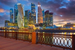 Moscow City. Capital of Russia. Moscow business district in evening. Skyscrapers on banks of Moskva River. Modern architecture of city of Moscow. Russia Business. Russian architecture.