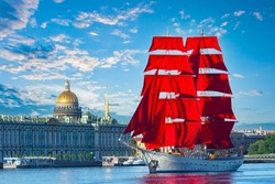 Saint Petersburg festival. Russia holiday. Scarlet Sails Festival. Scarlet sails Saint Petersburg. Beautiful sailboat in Neva river. Petersburg blue sky. Summer festival Russian city. Tourist Russia