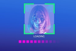 Personal safety. Young woman face scanning for facial recognition. Biometric identification. Personal verification. Face ID scanning. Collage on blue background. Place for text. 