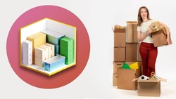 Self storage unit for goods to rent. Storage of things during repairs or relocation. A woman with a lot of cardboard boxes. Warehouse services. A warehouse for household items. 3d image