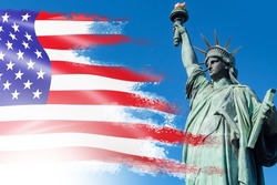 American flag and Statue of Liberty. News from America. National symbols of the USA. American patriotism. Symbols of American independence. Banner for Independence Day in United States of America.