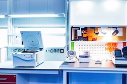 Research laboratory. Drug analysis equipment. Laboratory for testing pharmacological preparations. Pharmacological laboratory table. Equipment for checking composition of medicines. Lab equipment