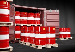Petroleum barrels. Metal barrels on wooden pallet. Petroleum barrels next to shipping container. Oil industry. Transportation and storage Petroleum. Warehouse of chemical products in hangar. 