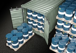 Hazardous waste. Storage of hazardous substances in drums. To barrel of toxic substances. Flammable symbol on metal drums. Hazardous waste in shipping container. Toxic Warehouse.