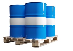 Chemistry barrels. Plastic barrels on pallet. Wooden pallets with chemical products. Blue barrels with toxic liquid on white. Chemical industry. Products of toxic enterprise. 