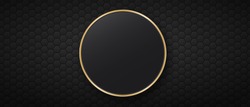 Black background with hexagonal tiles and round golden frame. Dark backdrop with polygon tiles and circular border. Decorative banner with hexagons and circle. Modern monochrome vector illustration.