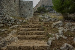 stone stairs in destroyed ruins of old medieval castle castle
