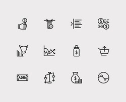 Finance trading icons set. Yield and finance trading icons with dividend, bull market and bid. Set of salary for web app logo UI design.