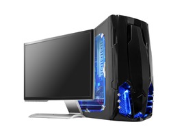 black computer with monitor and blue light 