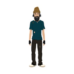 Homeless skinny shaggy man in dirty old clothes. Vector illustration.
