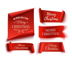 Set of five red, Merry Christmas, realistic, paper banners. Vector illustration.