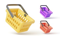 Collection of flying realistic shopping carts isolated on white background. Empty shopping basket. Vector illustration