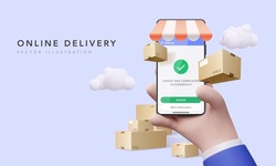 Online delivery via an app on the mobile screen to order products and ship them around the world. Conceptual delivery service for business. Vector illustration