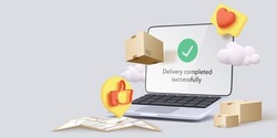 Online delivery banner with 3d realistic laptop, parcels, clouds, map and social icons in realistic style. Vector illustration