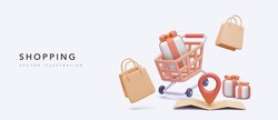 Shopping banner with location store, cart, gifts, market bags in 3d realistic style. Vector illustration
