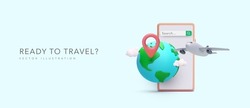 Travel concept poster in 3d realistic style with phone, planet, pointer, plain, clouds. Vector illustration