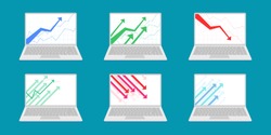 Graphs in the laptops set on blue background vector illustration cartoon flat design modern style 
