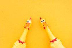 Two screaming chicken toys are isolated on a yellow background, screaming with a mouth open looking into the camera. Chicken toy on a yellow background, pattern for design.