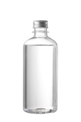 clear plastic bottle with liquid on white background, Round bottle