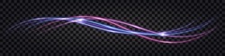 Neon glowing swirl wave, electric light effect. Purple and blue curve lines, cyber technology, fiber optic, isolated design element on dark transparent background.  Vector illustration
