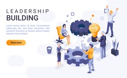 Leadership building landing page vector template with isometric illustration. Business organization and administration homepage interface layout with isometry. Workflow management 3d webpage design