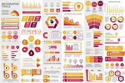 Business infographic elements set. Business processes visualisation, workflow and flowchart. Colorful stock and flow charts, line, circle and bar graphs vector illustration. Business and accounting