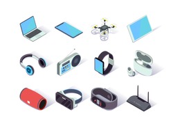Devices and gadgets isometric icons set. Smartphone, laptop, headphones, quadcopter drone, smartwatch, fitness tracker, router, vr goggles. Digital technology and smart devices 3d vector isometry.