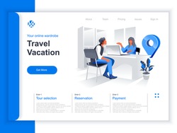 Travel vacation isometric landing page. Travel agent consultation and help to client choosing tour situation. Journey planning and organization, hotel and tickets booking perspective flat design.