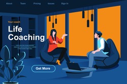 Life coaching isometric landing page. Personal consultation with coach in office website template. Education and life skills development, motivation and mentoring perspective flat vector illustration.