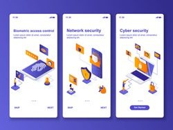 Cyber security isometric design kit. Biometric access control and identification, network security templates for mobile app. UI UX onboarding screens. Vector illustration with tiny people characters.
