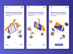 Business analytics isometric GUI design kit. Business planning, financial analysis templates for mobile app. Market research UI UX onboarding screens. Vector illustration with tiny people characters.