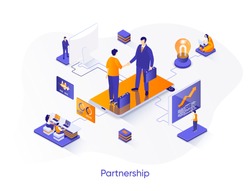 Business partnership isometric web banner. Business collaboration and partners agreement isometry concept. Effective teamwork and communication 3d scene. Vector illustration with people characters.