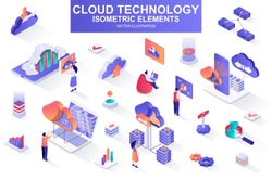 Cloud technology bundle of isometric elements. Server rack, hosting provider, information network, data storage, cloud database isolated icons. Isometric vector illustration kit with people characters