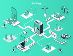 Banking services isometric web banner. Digital wallet, e-banking, cash and credit cards flat isometry concept. Financial transactions 3d scene design. Vector illustration with tiny people characters