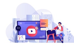 Video marketing scene. Man creates content, huge computer screen with play button. Promotion, seo optimization, business strategy concept. Vector illustration of people characters in flat design
