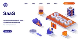 SaaS isometric landing page. Cloud technologies, customer subscription business model isometry concept. Software as a service 3d web banner. Vector illustration with people characters in flat design