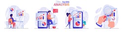 Big data analysis concept scenes set. Analyst works with statistics, analyzes business data charts, company growth. Collection of people activities. Vector illustration of characters in flat design