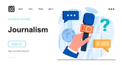 Journalism web concept. Journalist hand holds microphone. News program, mass media, press conference. Template of people scene. Vector illustration with character activities in flat design for website