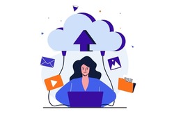 Cloud computing modern flat concept for web banner design. Woman sharing videos and images online, backing up files to cloud storage from laptop. Vector illustration with isolated people scene