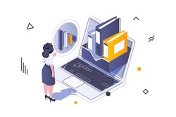Business marketing concept in 3d isometric design. Woman analyzing data and working with documents, planning and developing project. Vector illustration with isometric people scene for web graphic