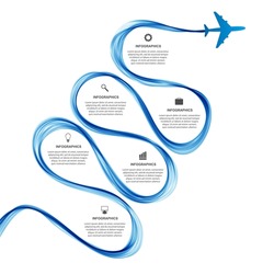 Abstract infographic airplane and wave a blue smoke. Vector illustration. 