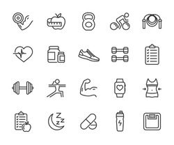 Vector set of fitness line icons. Contains icons gym, nutrition, cardio exercises, sports supplements, yoga, sleep, workout and more. Pixel perfect.