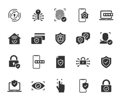 Vector set of security flat icons. Contains icons digital lock, cyber security, password, smart home, computer security, electronic key, fingerprint and more. Pixel perfect.