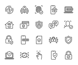 Vector set of security line icons. Contains icons digital lock, cyber security, password, smart home, computer security, electronic key, fingerprint and more. Pixel perfect.