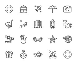 Vector set of vacation line icons. Contains icons hotel, cruise ship, travel, luggage, beach, snorkeling, cocktail and more. Pixel perfect.