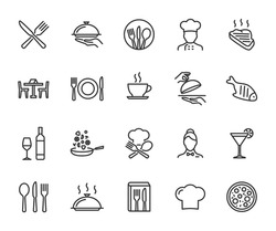 Vector set of restaurant line icons. Contains icons menu, serving food, chef, wine list, cutlery, steak, tray and more. Pixel perfect.