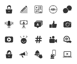 Vector set of blogger flat icons. Contains icons blog, podcast, content, target audience, vlog, hate, subscribe, hashtag and more. Pixel perfect.